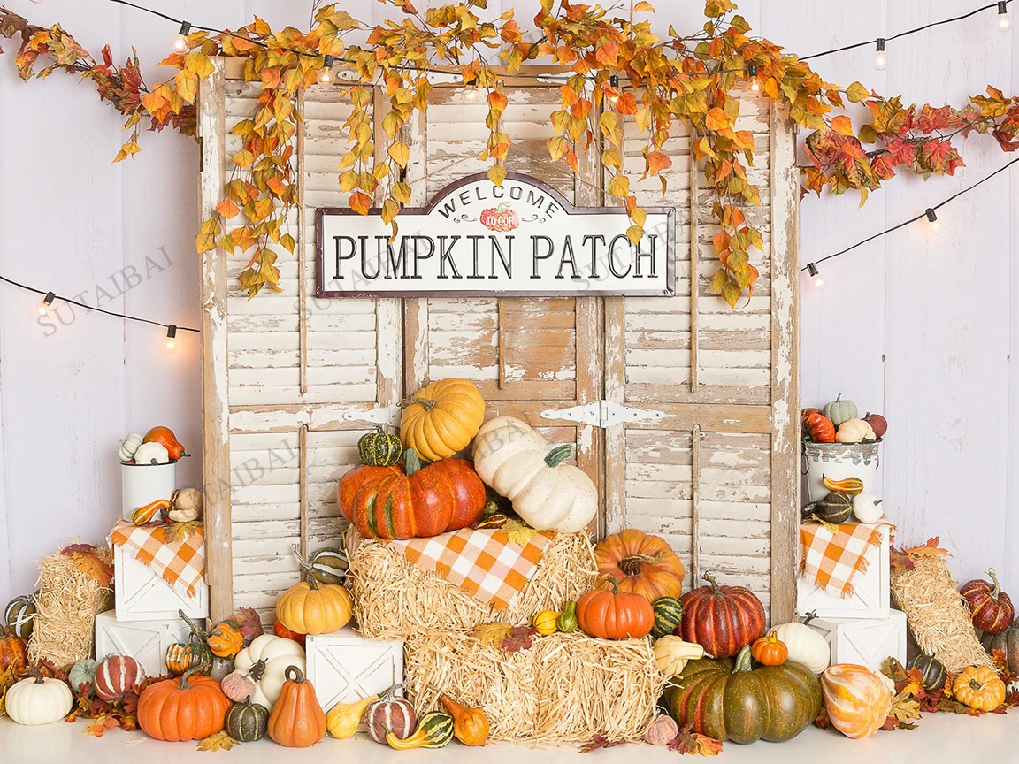 Halloween Pumpkin Backdrops for Photography Thanksgiving Autumn Gifts Backgrounds Haystack Decoration Backdrop Rustic Wood Wall