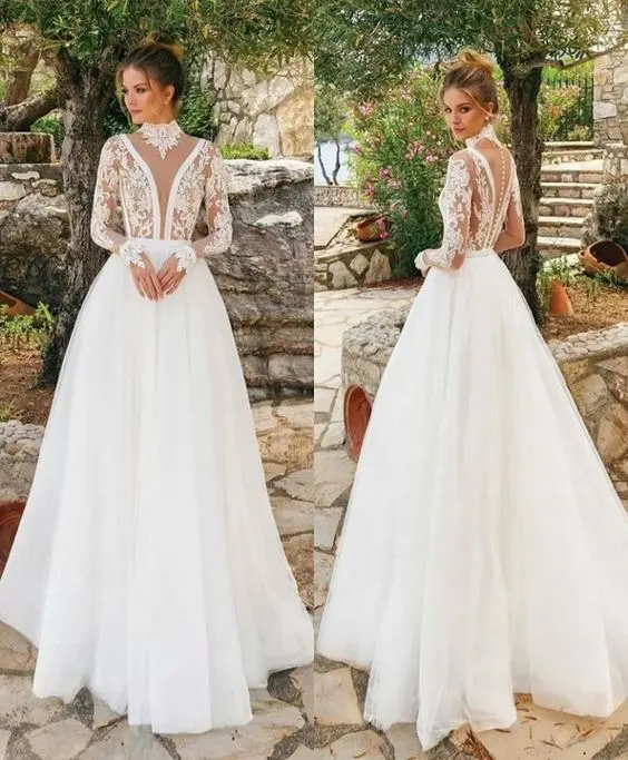 Robe de Mariée Longue Vintage, Manches sulf, Col Haut, Tulle en Dentelle Transparente, 2021