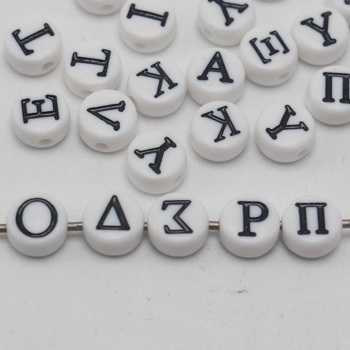 250 White with Black Acrylic Assorted Greek Alphabet Letter Coin Beads 4X7mm