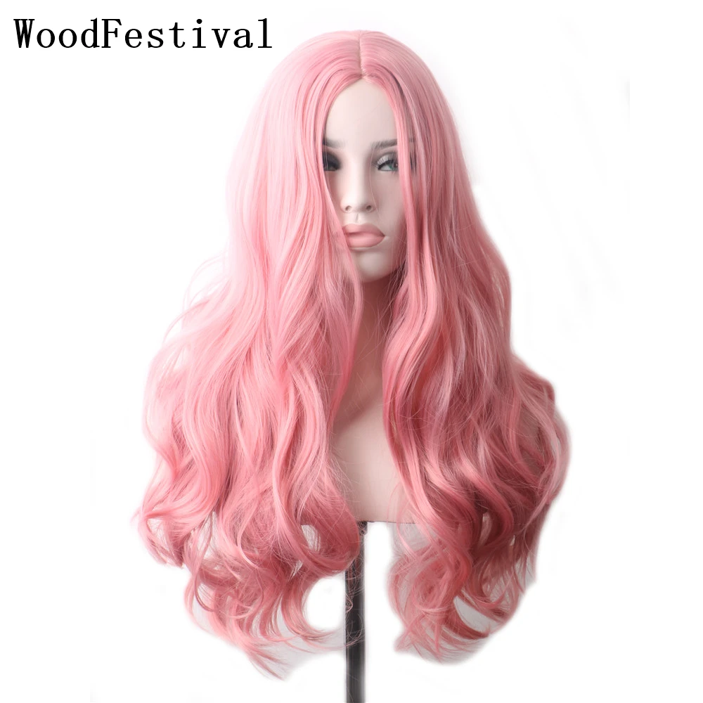 WoodFestival Synthetic Pink Wig Long Hair Female Cosplay Wigs For Women Wavy Purple Red Blue Green Brown Grey Ombre Black Blonde