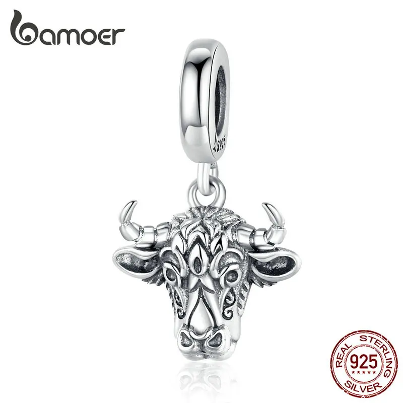 bamoer Vintage Bull Pendant Charm Original Sterling Silver 925 Engraved Tauren Charms fit Bracelet or Necklace Jewelry SCC1316