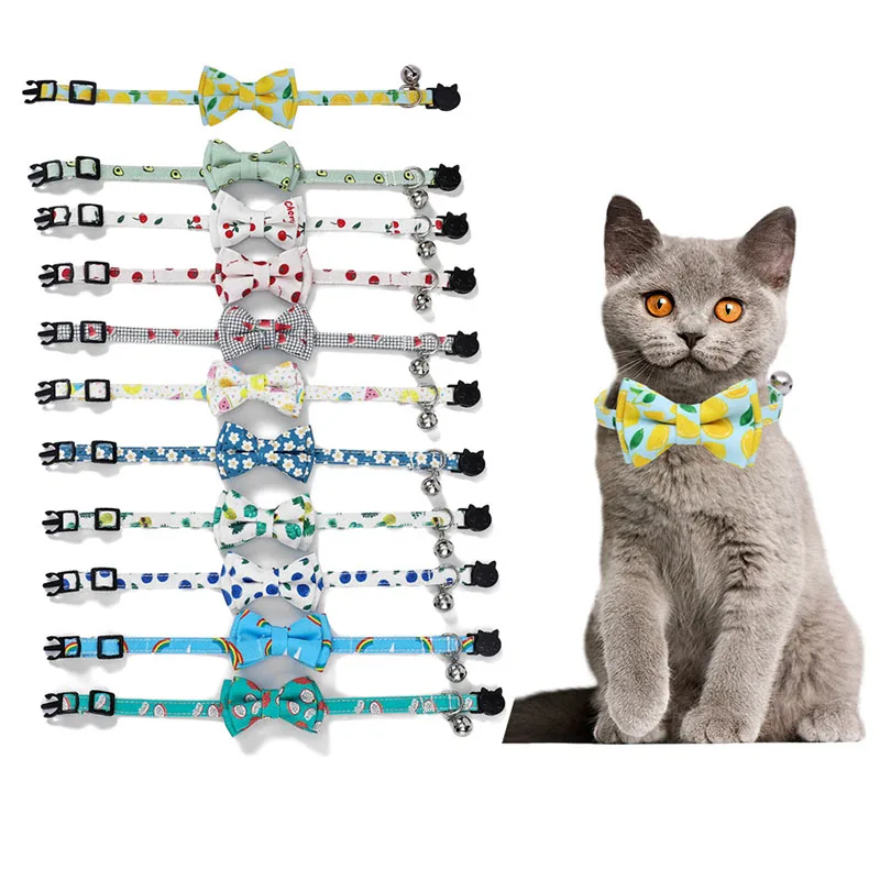 Cartoon Cat Collar Necklace Pet Products Printing Bowknot Safety Buckle With Bell Adjustable Cats Bow Tie Puppy Pets Accessories