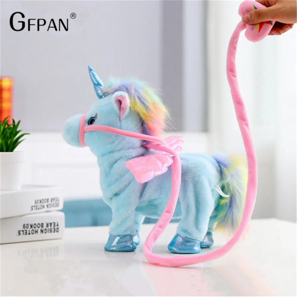 Juguete caliente 1pc eléctrica caminar Peluche de unicornio de juguete Animal relleno juguete de música electrónica de juguete para niños regalos de navidad