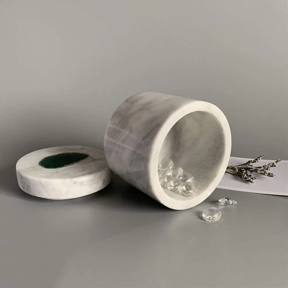 Natural Marble Agate Cylinder Cotton Swab Holder, Exquisite Ring Jewelry Storage Box with Lid