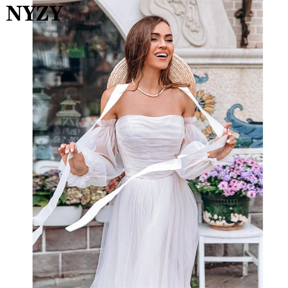 W53 NYZY Elegant Tulle Off the Shoulder Long Sleeves Simple Light Wedding Dress Boho 2021 Wedding Gowns