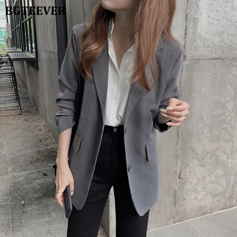 BGTEEVER Stylish Notched Collar Office Ladies Solid Blazer Tops Elegant Single-breasted Slim Female Jackets Spring Ladies Coats