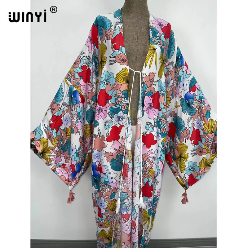 Kimono Dress Kaftan Bikini cover-up swimwear America Women clothes Coat African Floral Printed Front Open Traf Robe Muslim