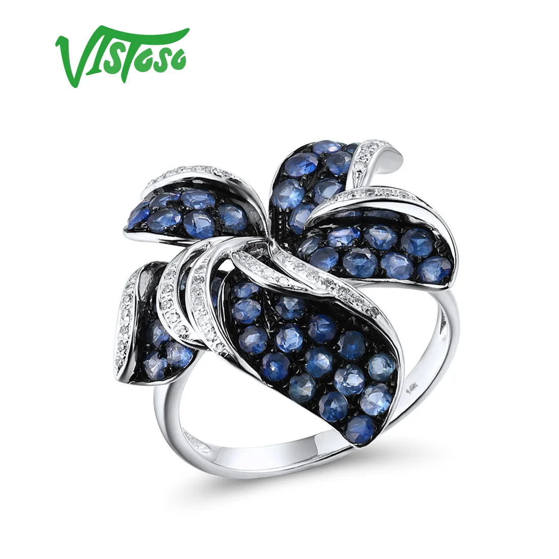 VISTOSO Pure 14K 585 White Gold Ring For Women shining Diamond Blue Sapphire Flower Ring Wedding Engagement Elegant Fine Jewelry