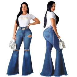 Women vintage ripped Denim Flare Jeans Boyfriend Jean Ladies High Waist Skinny Bell Bottom Jeans Pants Autumn Wide Leg Mom Jeans