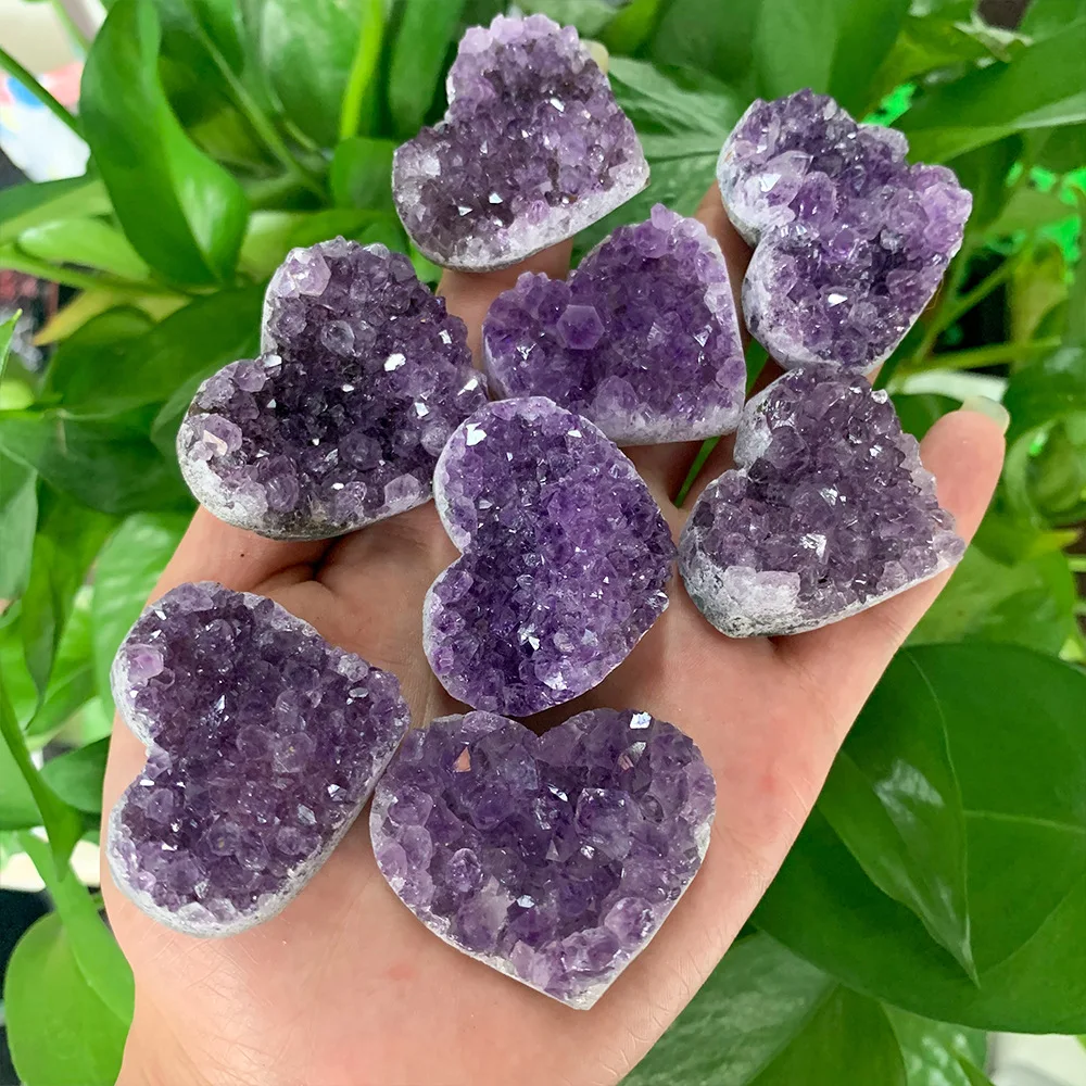 12pcs Natural Amethyst Love Heart-shaped Crystal Cluster Ornaments Crystal Degaussed Ore Ornamental Stone Amethyst Heart