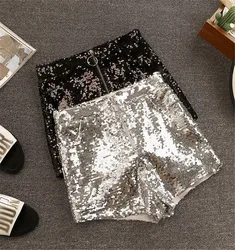 Bling Sexy Women Sequin Shorts High Waist O-Ring Zip Bodycon Shorts Feminino Skinny Party Club Festival Raves Pole Dance Shorts