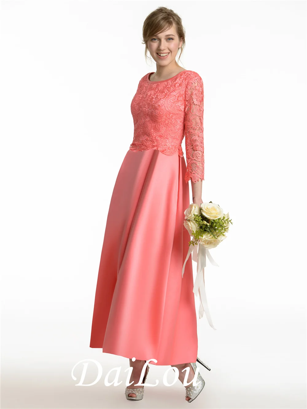 A-Line 3/4 Length Sleeve Ankle-Length Scoop Neck Lace Satin Latest Bridesmaid Dress 2022