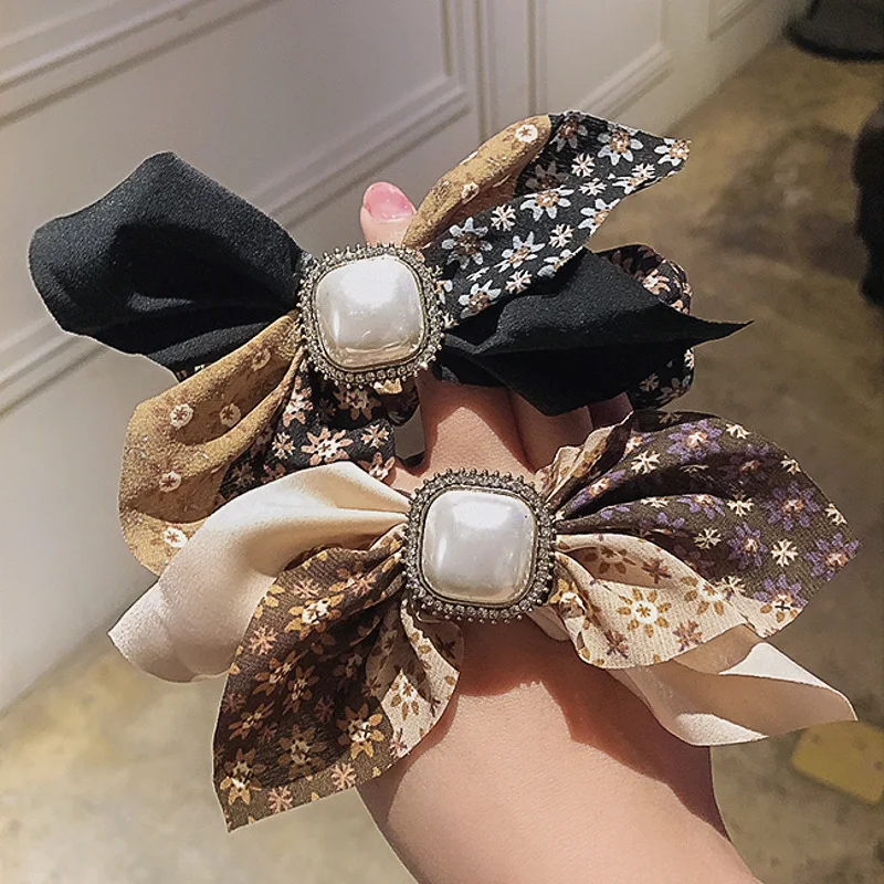 Diamond-Studded Pearl Floral Bow Bow Large Intestine Hair Ring 2021 Super Fairy Headdress Girl Sweet Heart Hair Accessories