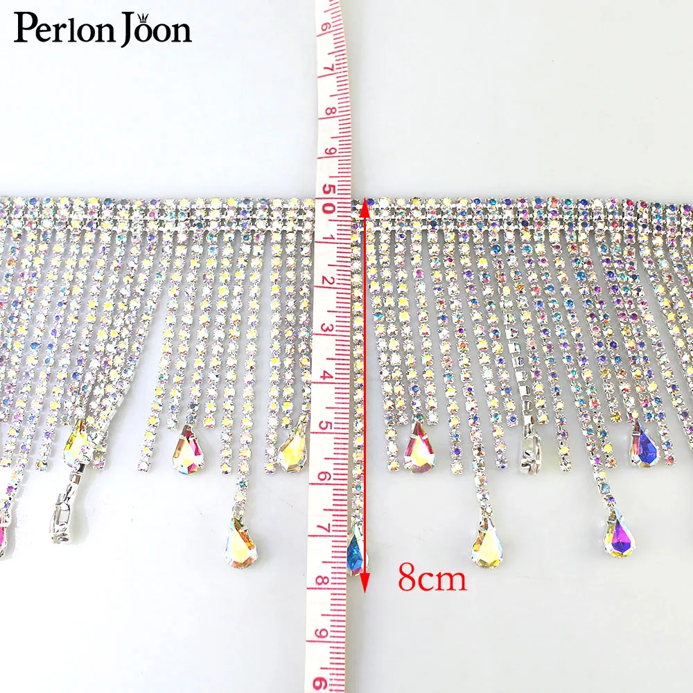 Hot sale good quality silver plating DIY fringe chain AB rhinestone Water drop tassel trim sew on crystal glass decoration ML124