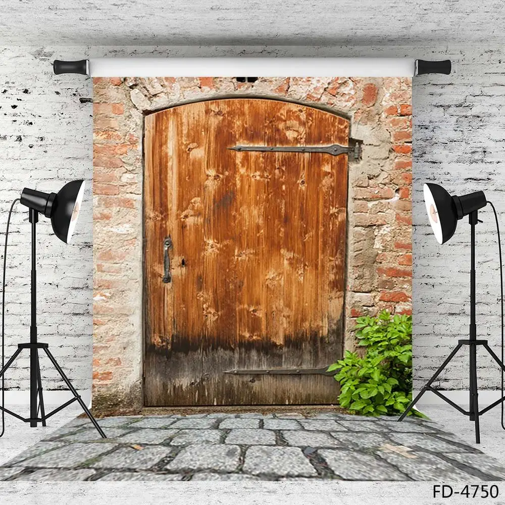 Ściana z cegły Vintage drewniane drzwi tło fotograficzne tkanina winylowa tło dla dzieci portret dziecka Photobooth Photo Studio