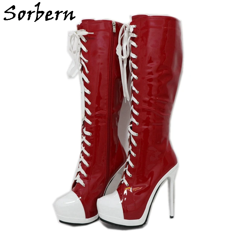 

Sorbern Red Knee High Boots Women High Heel Stilettos White Red Patent Lace Up Custom Wide Slim Fit Calf Boot Long Multi Color