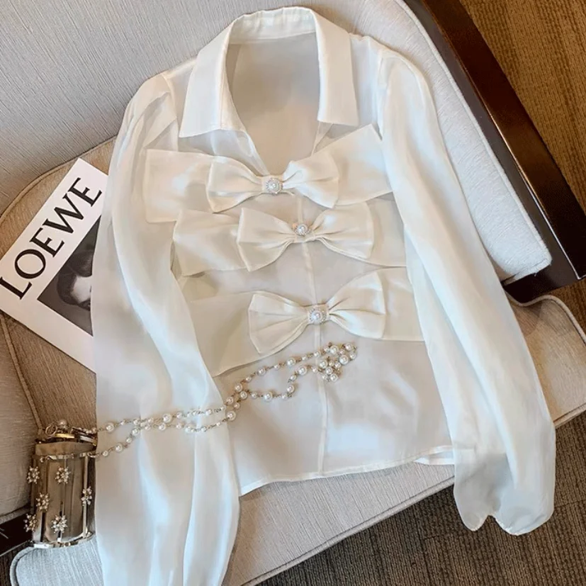 

retro puff sleeve women's 2021 new bow-knot shirt shirt white ladies design blouse