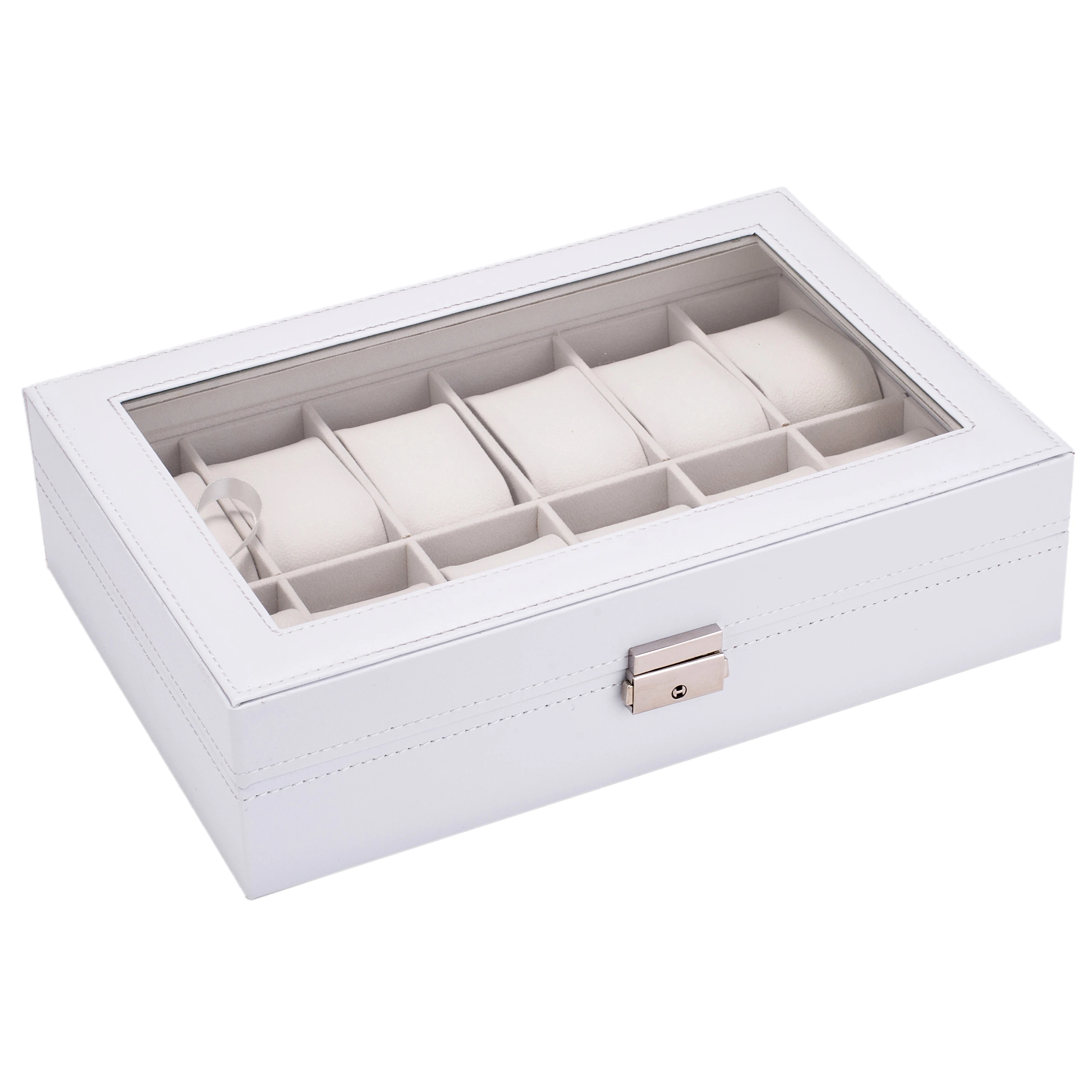 Watch Box 12 Slots Watch Case for Men Women Leather Watch Organizer Holder Display Storage Case with Glass Lid White