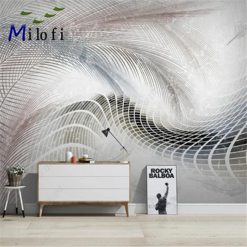 

Milofi customized large vinyl wallpaper mural Nordic modern minimalist feather abstract geometric lines TV background wall