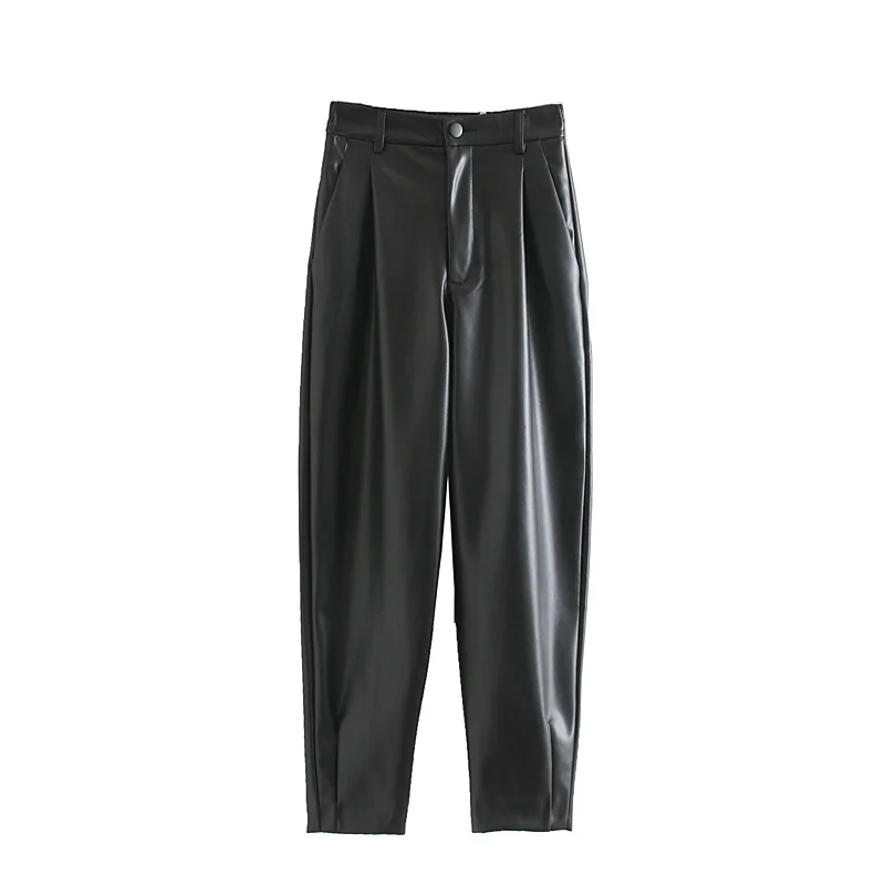 Pantalon en Faux cuir pour femme, ample, jaune, poches élégantes, fermeture éclair, bouton