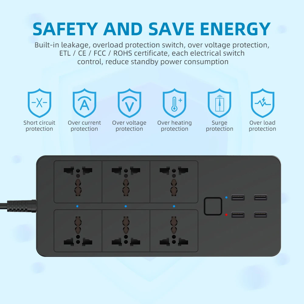 WIFI Smart Power Strip Universal with 5V3.1A Alexa Google Home Bluetooth Control Multi Plug 6AC 4USB Voice Control UK/EU/US/AU