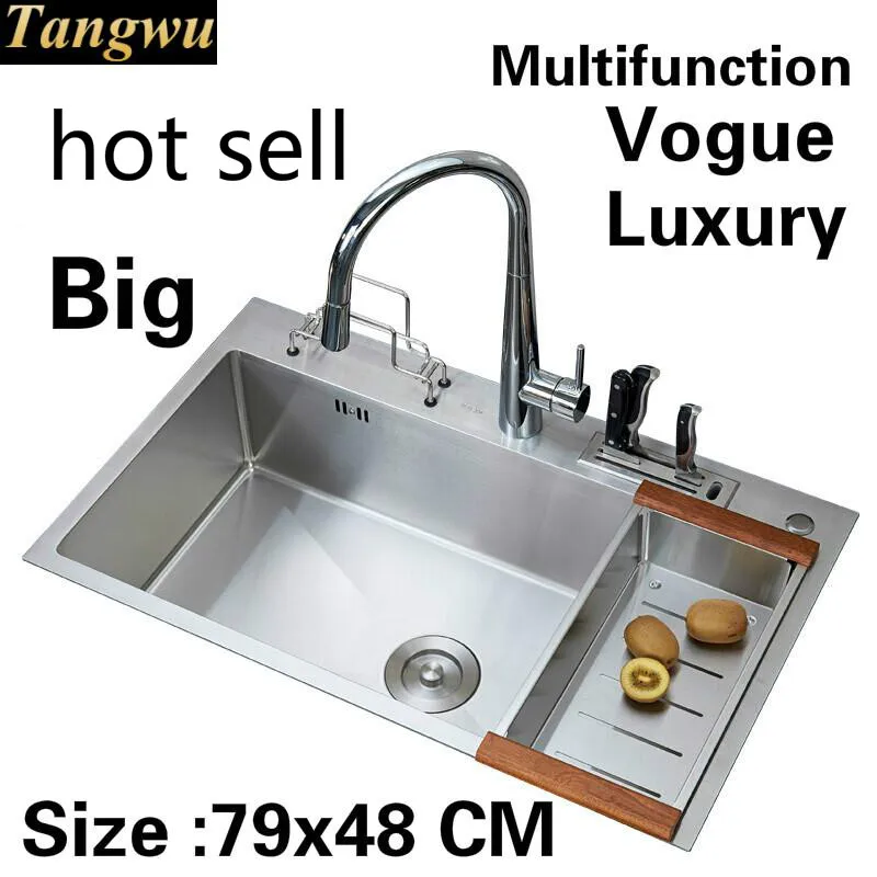 

Free shipping Apartment luxury multifunction kitchen manual sink single trough food-grade 304 stainless steel hot sell 79x48 CM