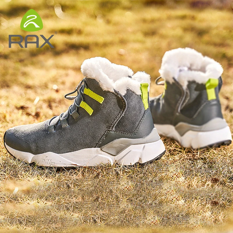 RAX Mens Geunine Leather Hiking Shoes For Men Fleece Snow Boots Warm Trekking Walking Shoes Hiking Boots Men Sneakers Boots