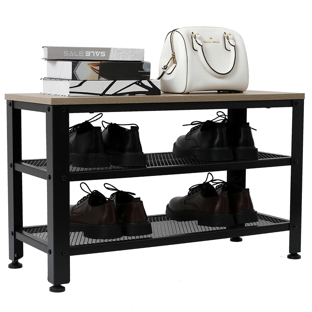 US Warehouse Industrial 3-Tier Shoe Rack Shoe Bench Storage Organizer with Seat for Entryway  Living Room  Hallway Gray Color