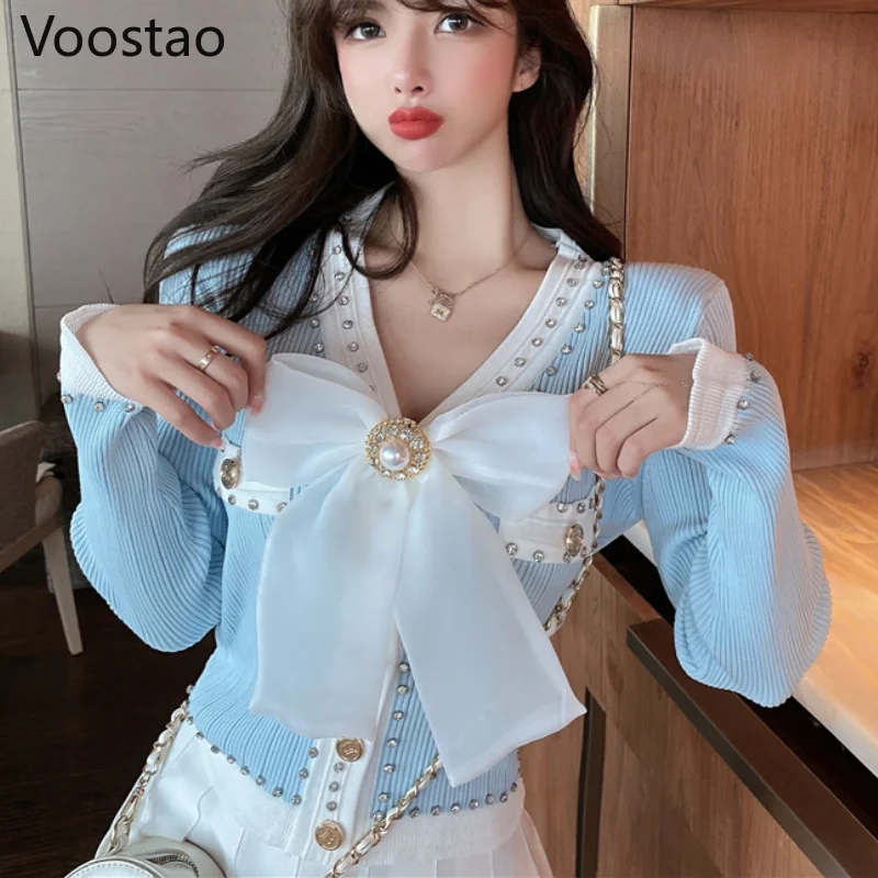 Spring Autumn Sweet Lolita Style Knitted Pullover French Women Elegant V-Neck Bowknot Diamond Sweaters Girly Kawaii Fairy Tops