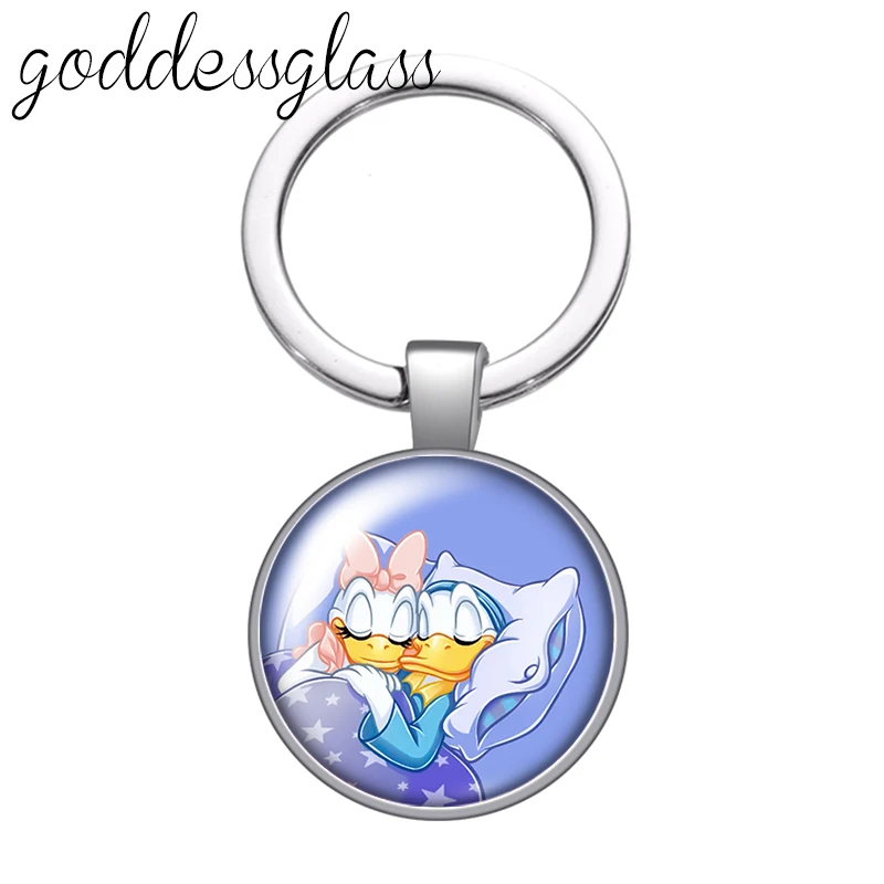 Disney Cute Donald Daisy Love Duck cartoon glass cabochon keychain Bag Car key chain Ring Holder Charms keychains gift