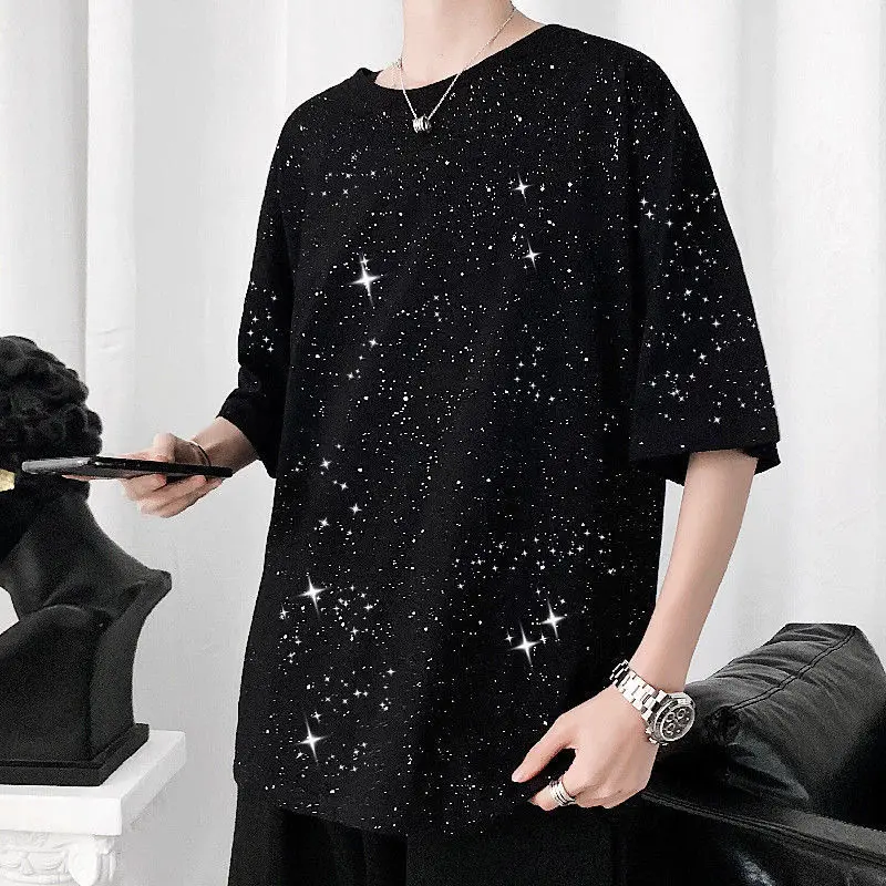 Fashion Mens Summer Stars Sequins T-shirts Short Sleeve Loose Fit 100% Cotton Harajuku Teens For Male