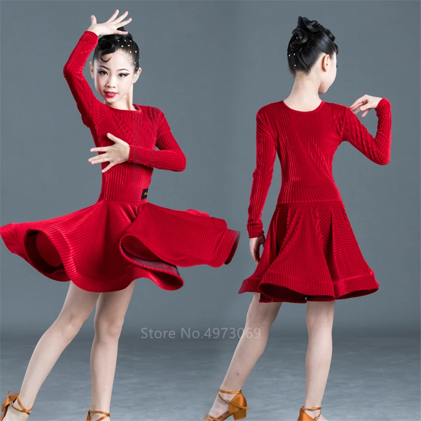 Latin Dance Dress Full Sleeve Velvet Skirts for Girl Children Autumn Winter Ballroom Tango Salsa Vestidos Women Stage Costume