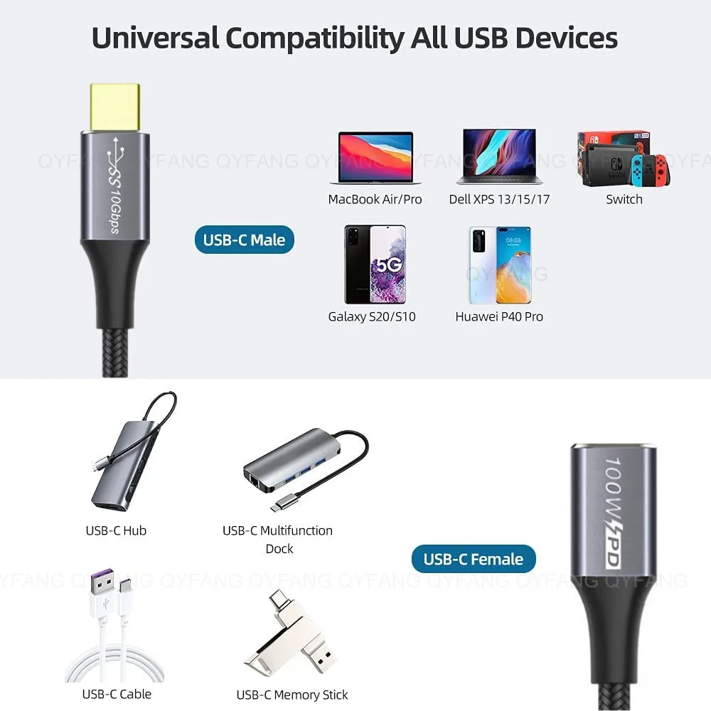 USB C Extension Cable USB3.1 10Gbps PD100W Cable Male to Female Type C Extender Cord Thunderbolt 3 for Nintendo Switch MacBook