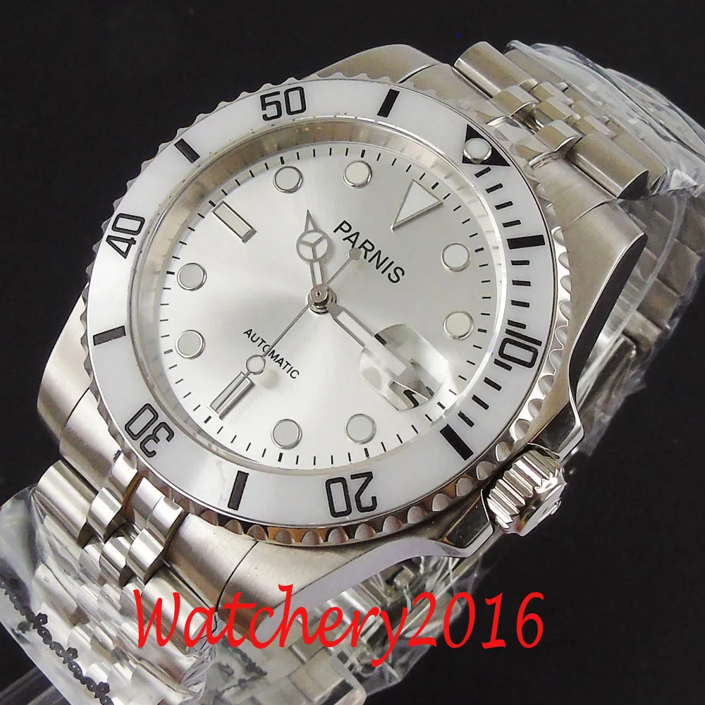 40mm Parnis Silver Dial Sapphire Glass Date White Ceramic Bezel Automatic Movement Mens Watch