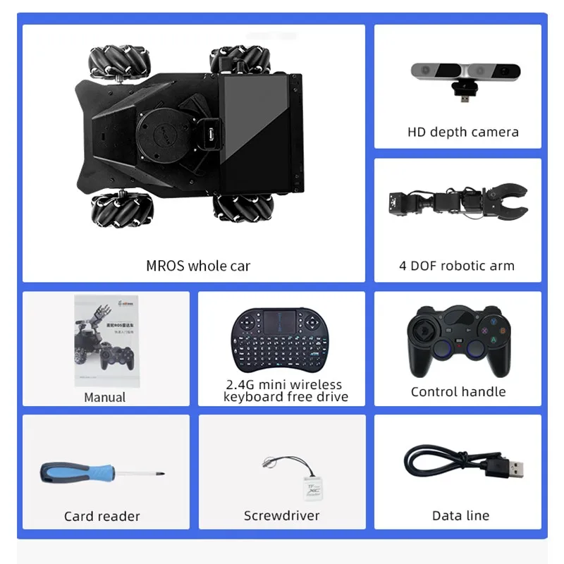 سيارة روبوت TZT مركبة MROS Lidar سيارة Mecanum Wheel ، ذراع آلي 4DOF ، نطاق شاشة 7 بوصة تعمل باللمس ، 12 متر ، 39.4 قدم