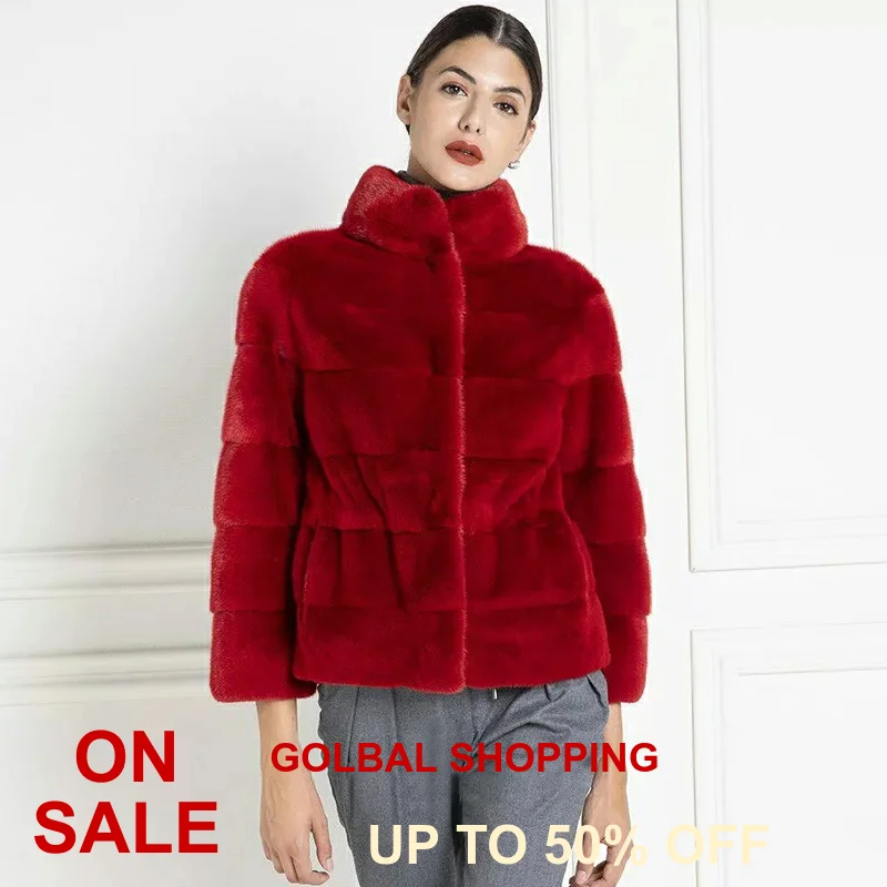 TOPFUR Bright Red Short Leather Mink Fur Jacket Plus Size Winter Coat Women Nine Quarter Sleeves Mink Fur Warm Coat