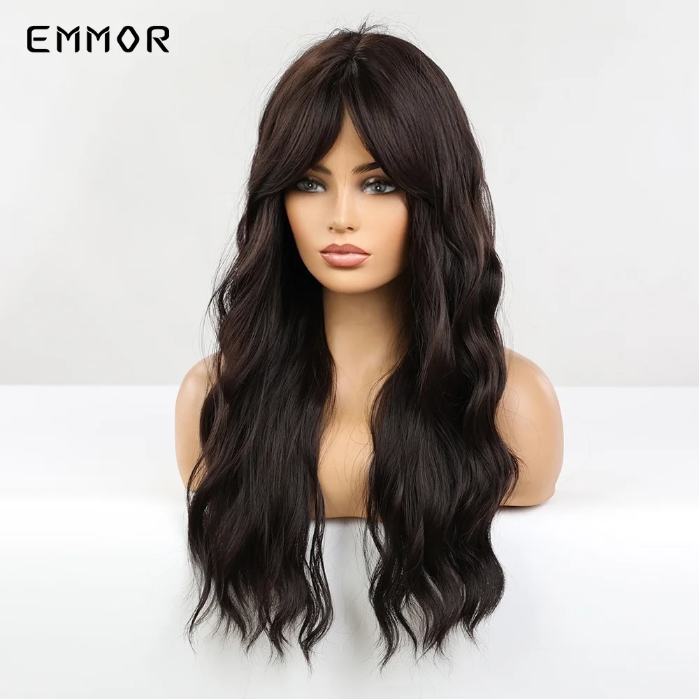 Emmor Synthetic Natural Black Brown Water Wavy Wigs with Bangs Dark Brown Wave Hair Wig  for Women Heat Resistant Fiber Hair Wig