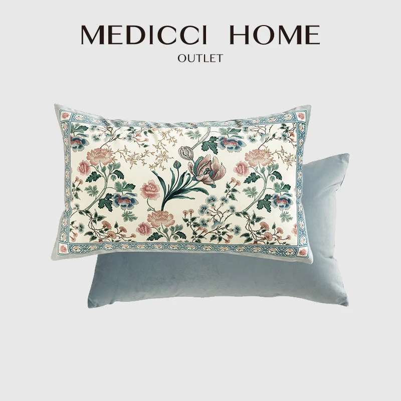 Medicci Home Accent Pillow Case Oriental Flowers And Birds Print Gray Blue Lumbar Cushion Cover For Sofa Bed Couch Dropshipping