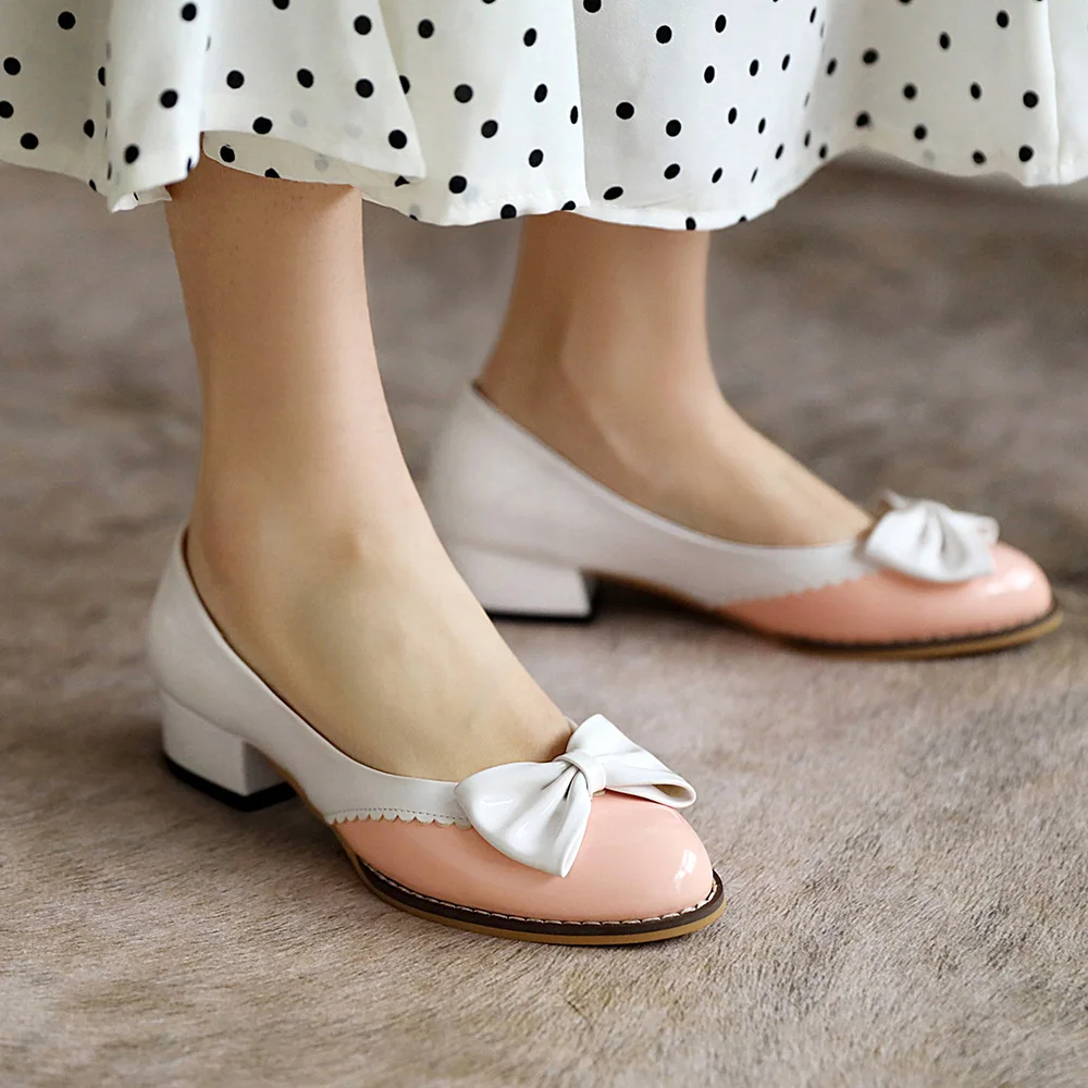 Ballet Low Heels Shoes Woman Basic 2023 Two Color Splicing Round Toe Leather Bow Classic Patent Leather Shoes Women Shoes Pumps