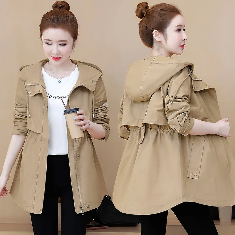 

Spring Autumn Women Trench Coat New Drawstring Elastic Waist Hooded Outerwear Korean Large Size Windbreaker Female Basic Coat