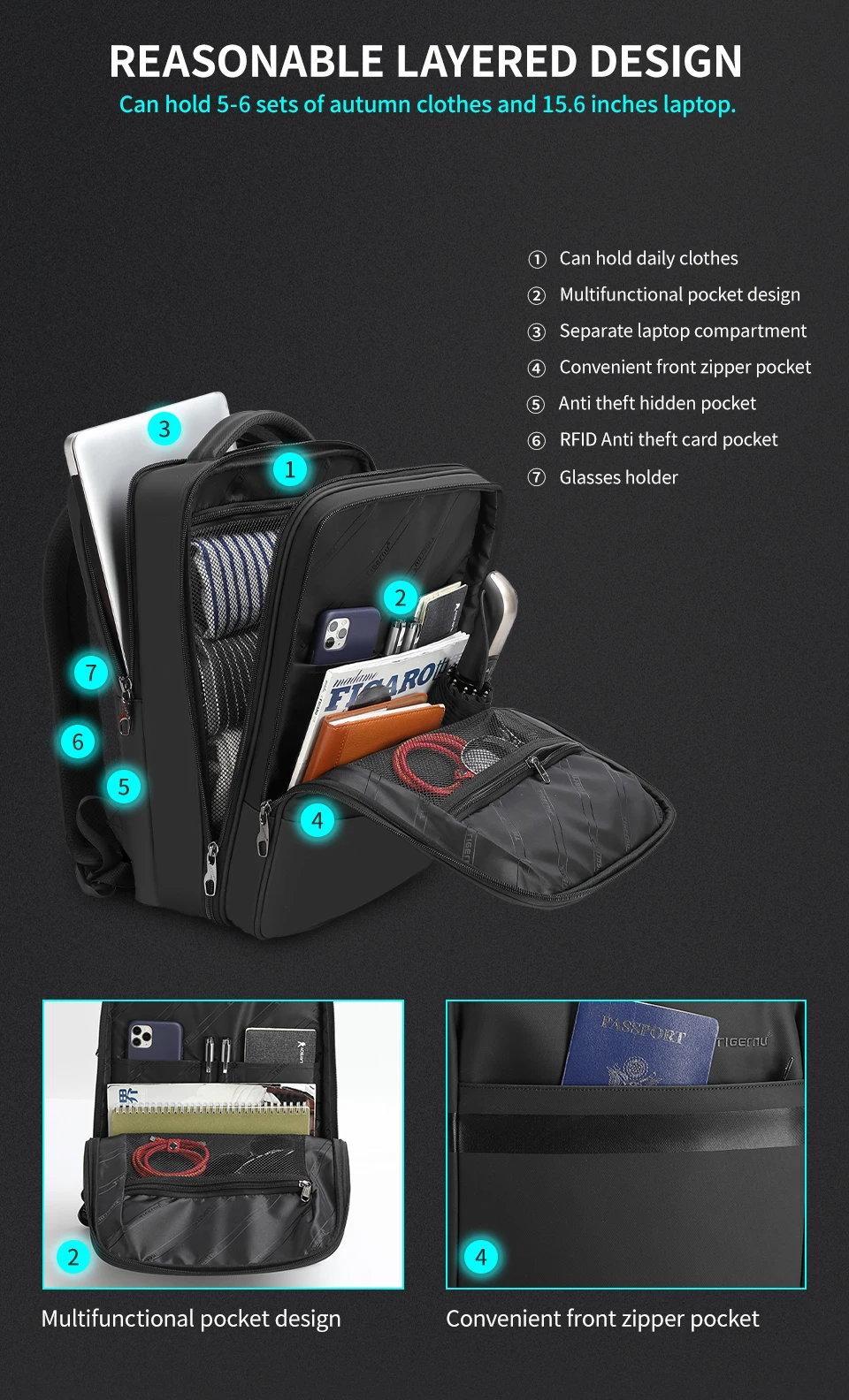 Tigernu Anti Diebstahl Rucksack 15,6 zoll Laptop Rucksack Männer TPU Wasserdichte Reise Rucksäcke Männlichen Schule Taschen Für Männer Gepäck Taschen – Detail 3