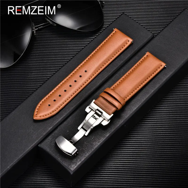 Casual Business Leather Watchband 18mm 20mm 22mm 24mm Strap Stainless Steel Butterfly Buckle Watch Accessories Wristbands