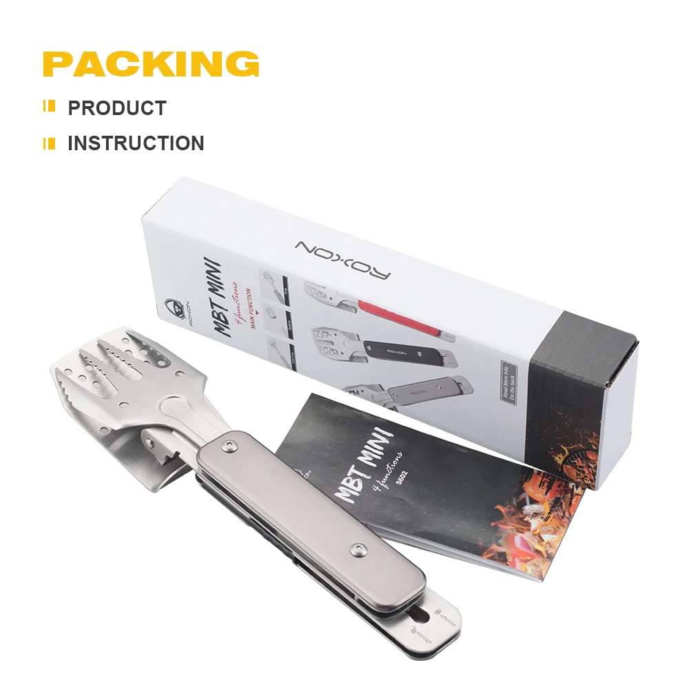 Roxon 4-in-1 Mini Barbecue Tool Set with spatula fork tongs bottle opener EDC tool for kitchen outdoor hiking Camping