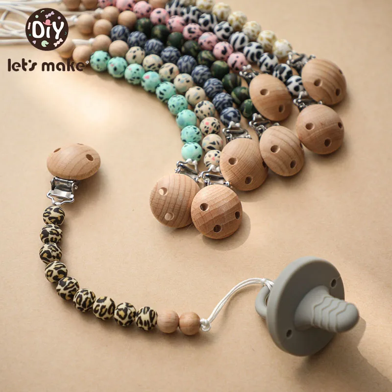 Baby Leopard Print Silicone Three-Hole Beech Wood Pacifier Chain  Leash Strap Nipple Holder For Infant Nipple Bottle Clip Chain