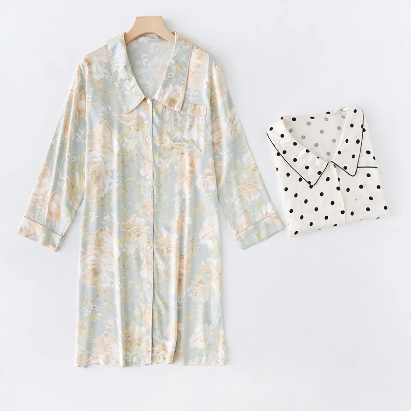 2021 قميص نوم نسائي خريفي بأكمام طويلة من الساتان وياقة مدببة تنورة سوداء مموجة مطبوع عليه نقط فستان نوم مثير للسيدات