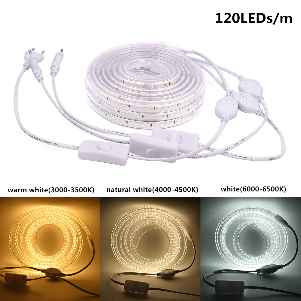 220V LED Strip IP67 Waterproof 20cm Cut 120leds/m 2835 Flexible LED Light Lamp Natural white 4000K White 6000K