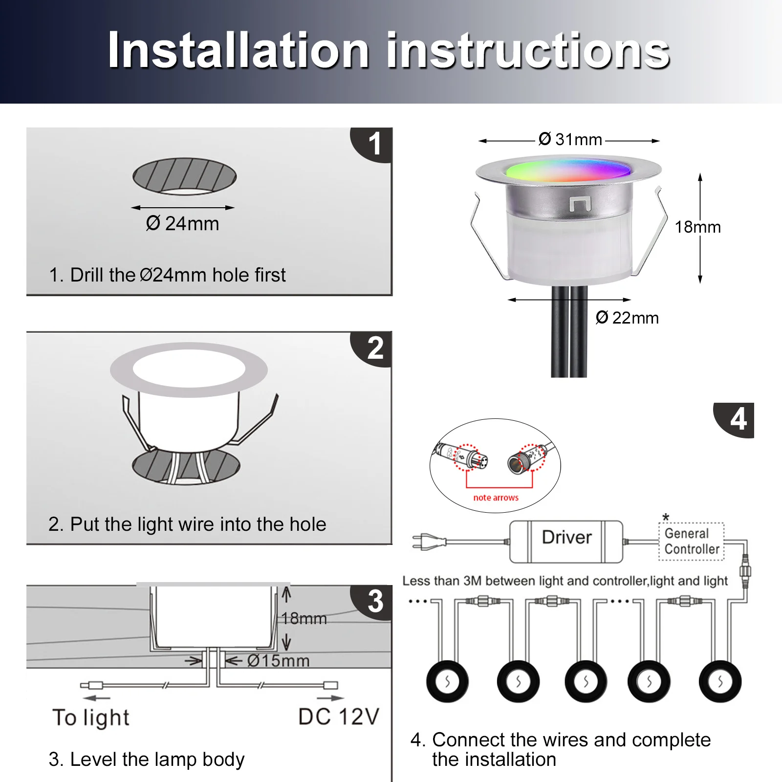 30xStainless Steel Recessed RGB Fantasy 31mm Wifi BT Led Lighting for Garden/Hall/Building/Square IP67 Stair Step Deck Lights