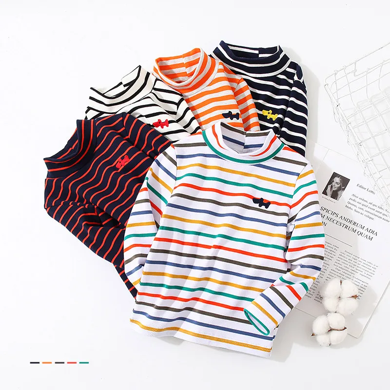 2024 Spring Autumn Winter 2 3 4 6 8 10 Years Cartoon High Neck Pullover Basic Turtleneck Striped Soft T-Shirt For Kids Baby Boy