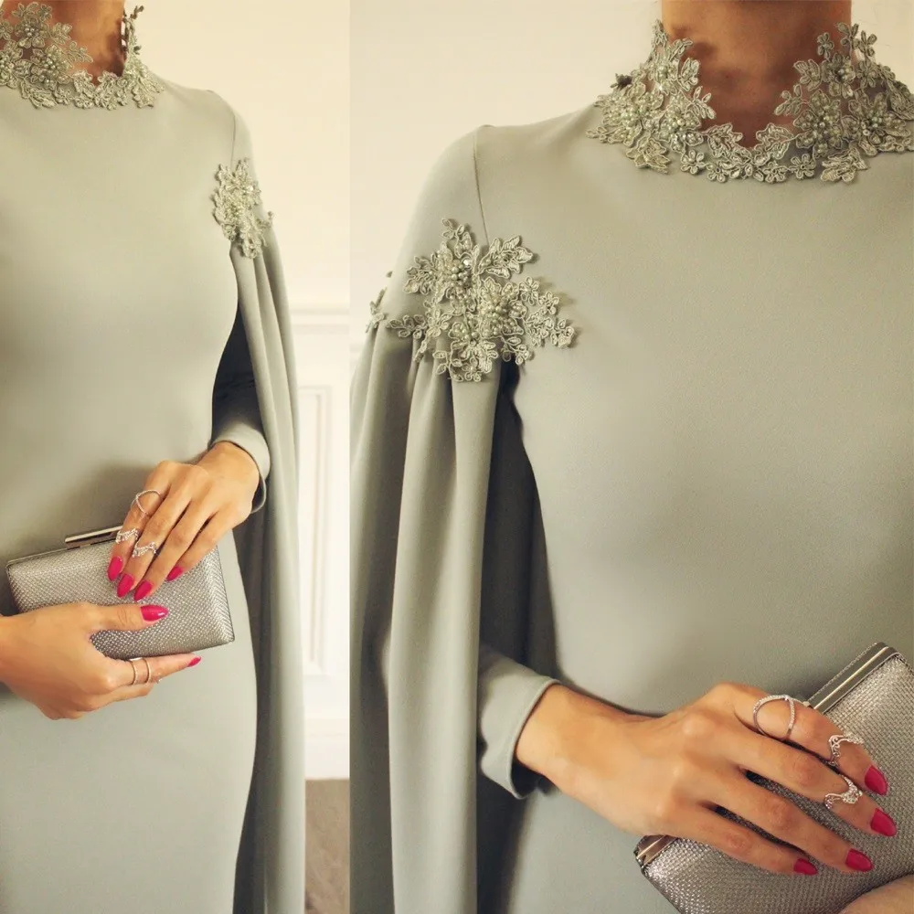 Vestido de noche árabe de satén con cuello alto y cuentas de encaje para mujer, elegante vestido de noche Formal de manga larga para baile de graduación