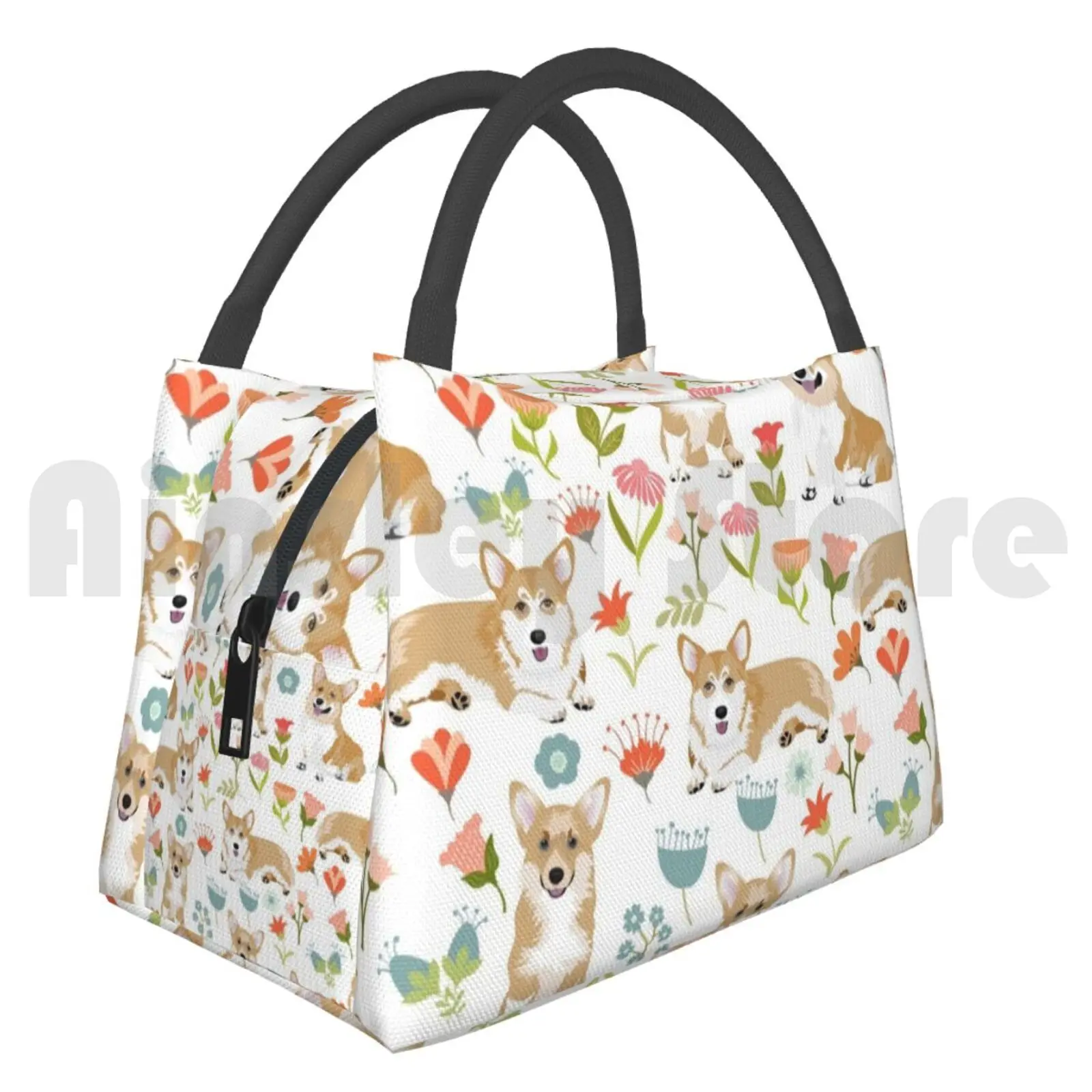 

Cooler Lunch Bag Picnic Bag Cute Summer Corgi Flower Pattern Dog Cute Animal Pet Corgi Happy Puppy Funny Canine